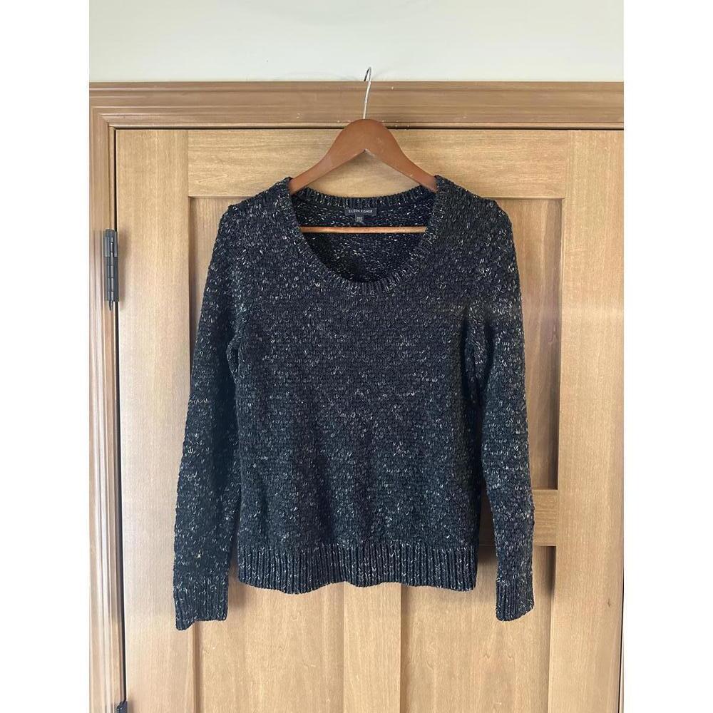 Eileen Fisher Black Marbled Chunky Knit Scoop Neck Sweater Women’s size Medium​